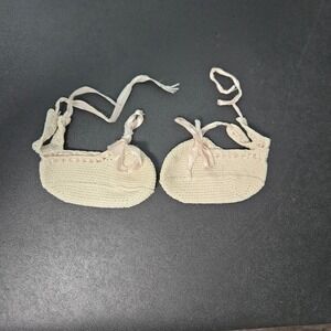 Vintage‎ Handmade Crochet Baby Booties Pink Silk Ribbon Heirloom Slippers
